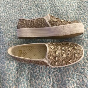 Kate Spade Gold and White Glitter Sneakers Slip-On wore once